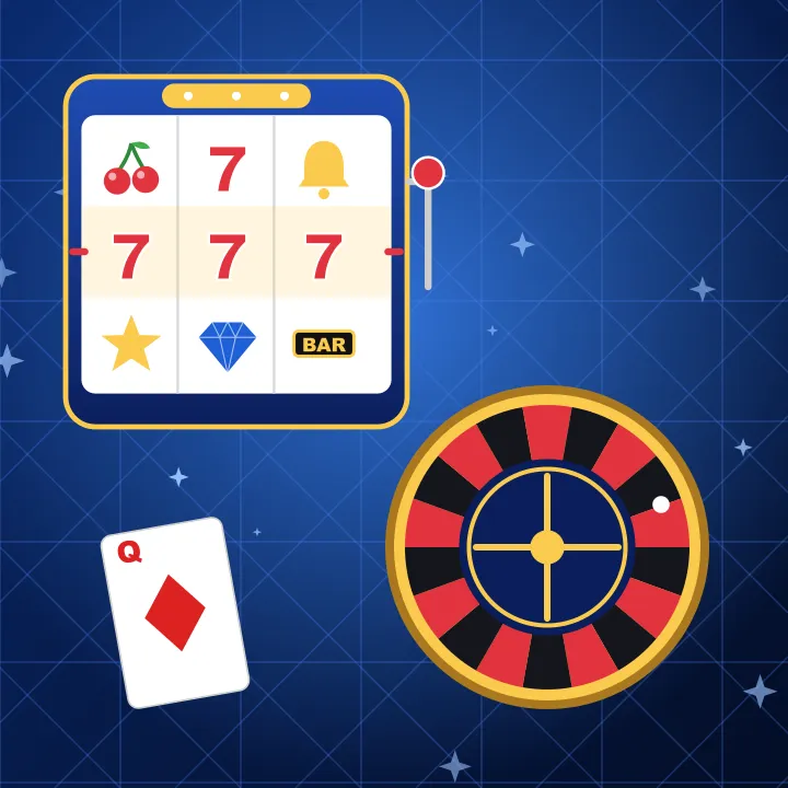 True Blue Slots and live casino Slot machine, roulette wheel and a queen of diamonds card