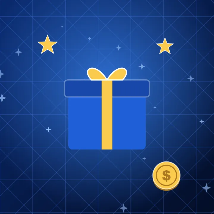 TrueBlue Casino welcome offer Blue gift box with a gold bow and stars for the welcome offer